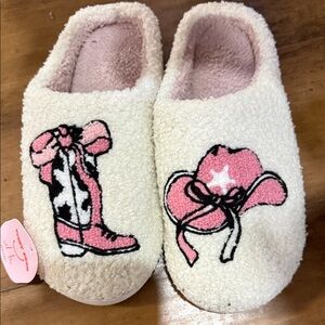 Cozy Cream Slippers with Pink Western Design